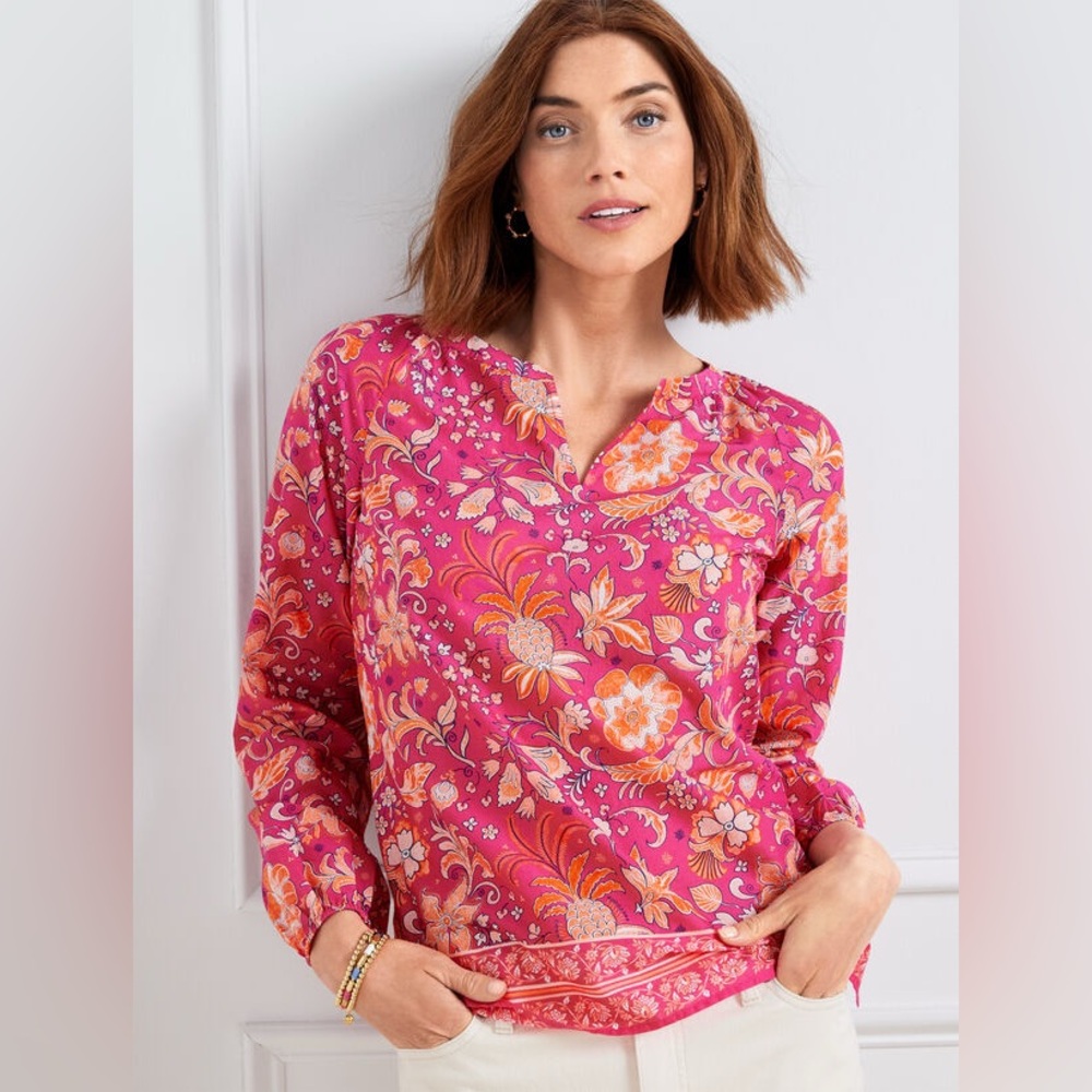 Talbots- Pink Long Sleeve Mandarin Collar Blouse Size M/L‎